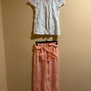 White Lace Top and Pink Striped Skirt Set